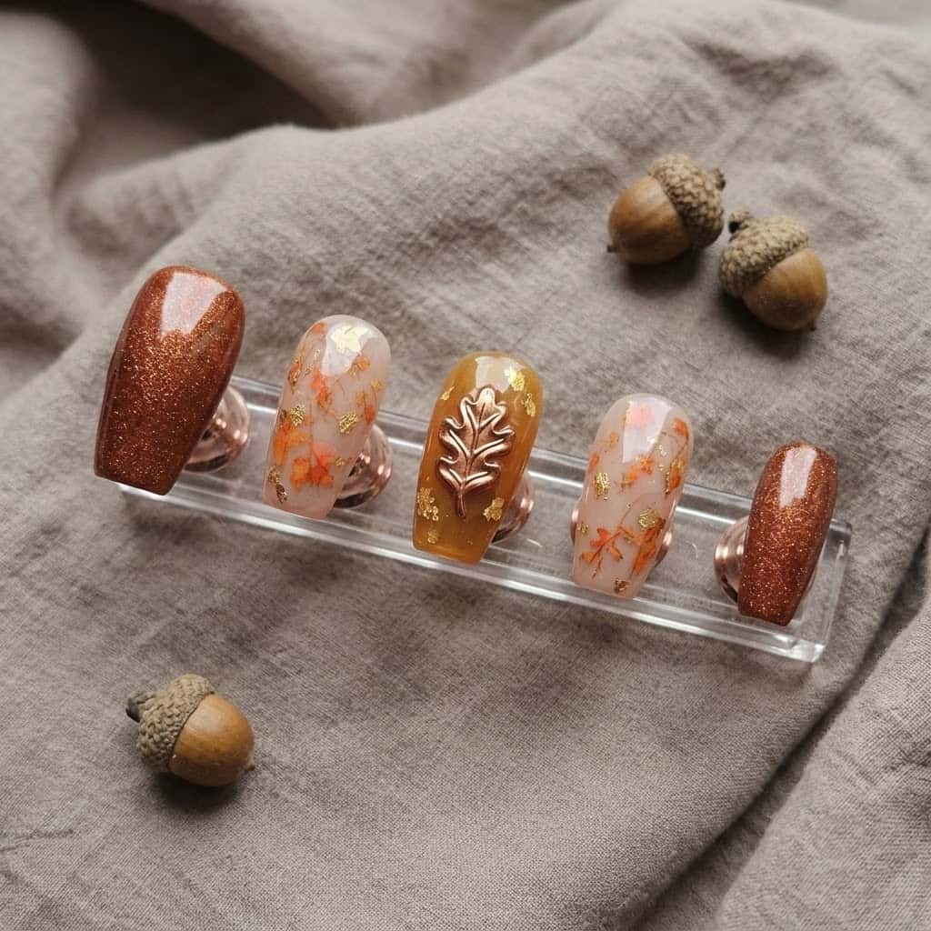 Copper glitter and nude leaf press on nails on a clear acrylic stand