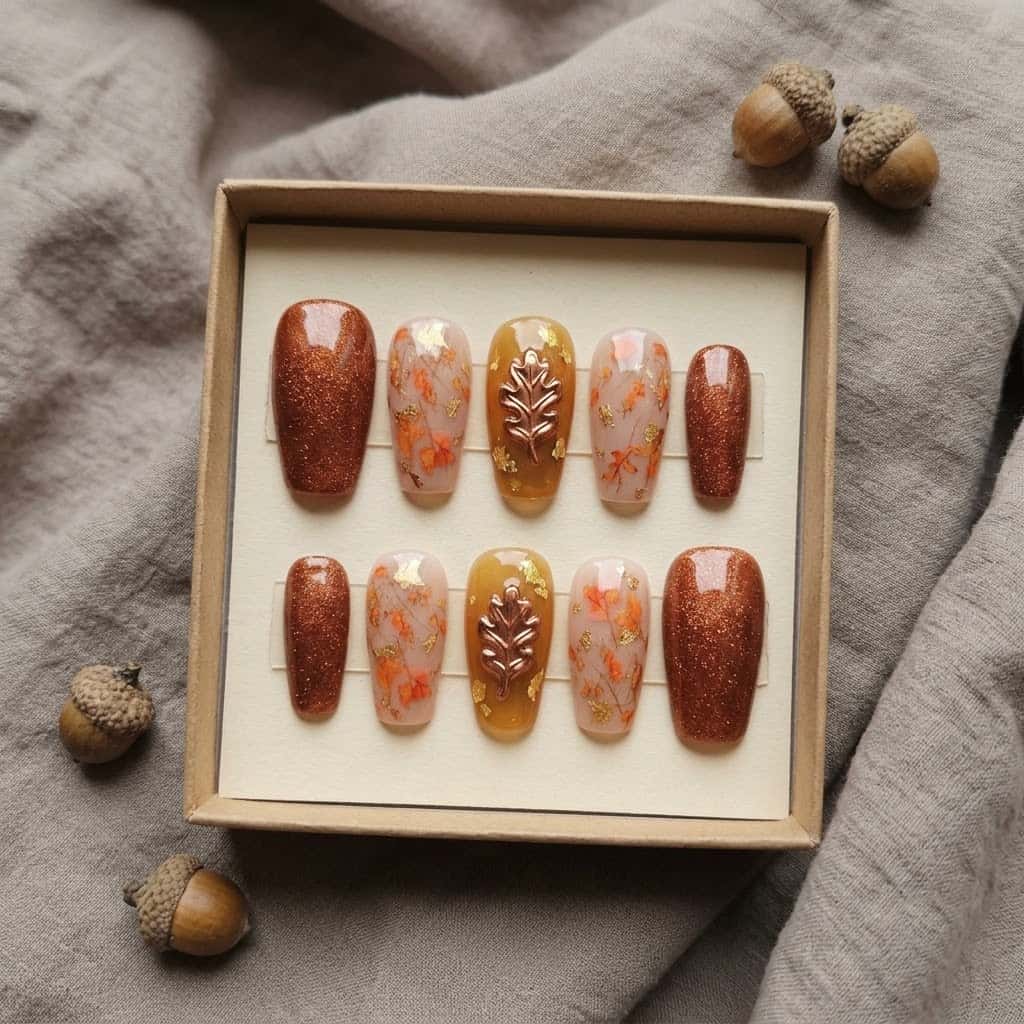 Autumn leaf press on nail set packed in a kraft gift box in hand order