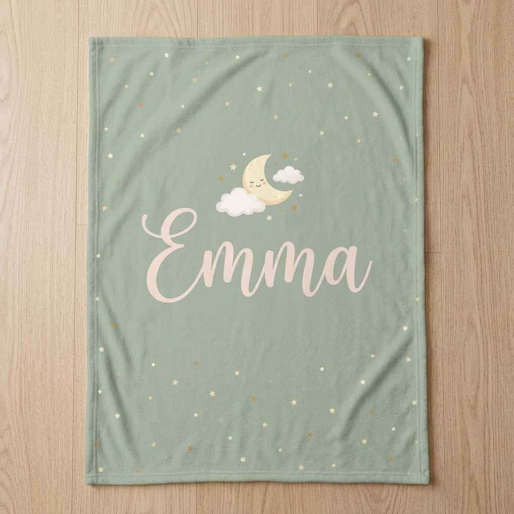 Baby name blanket in sage with Emma script, moon and tiny stars