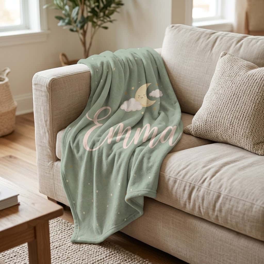 Sage Emma baby name blanket draped over a cozy sofa