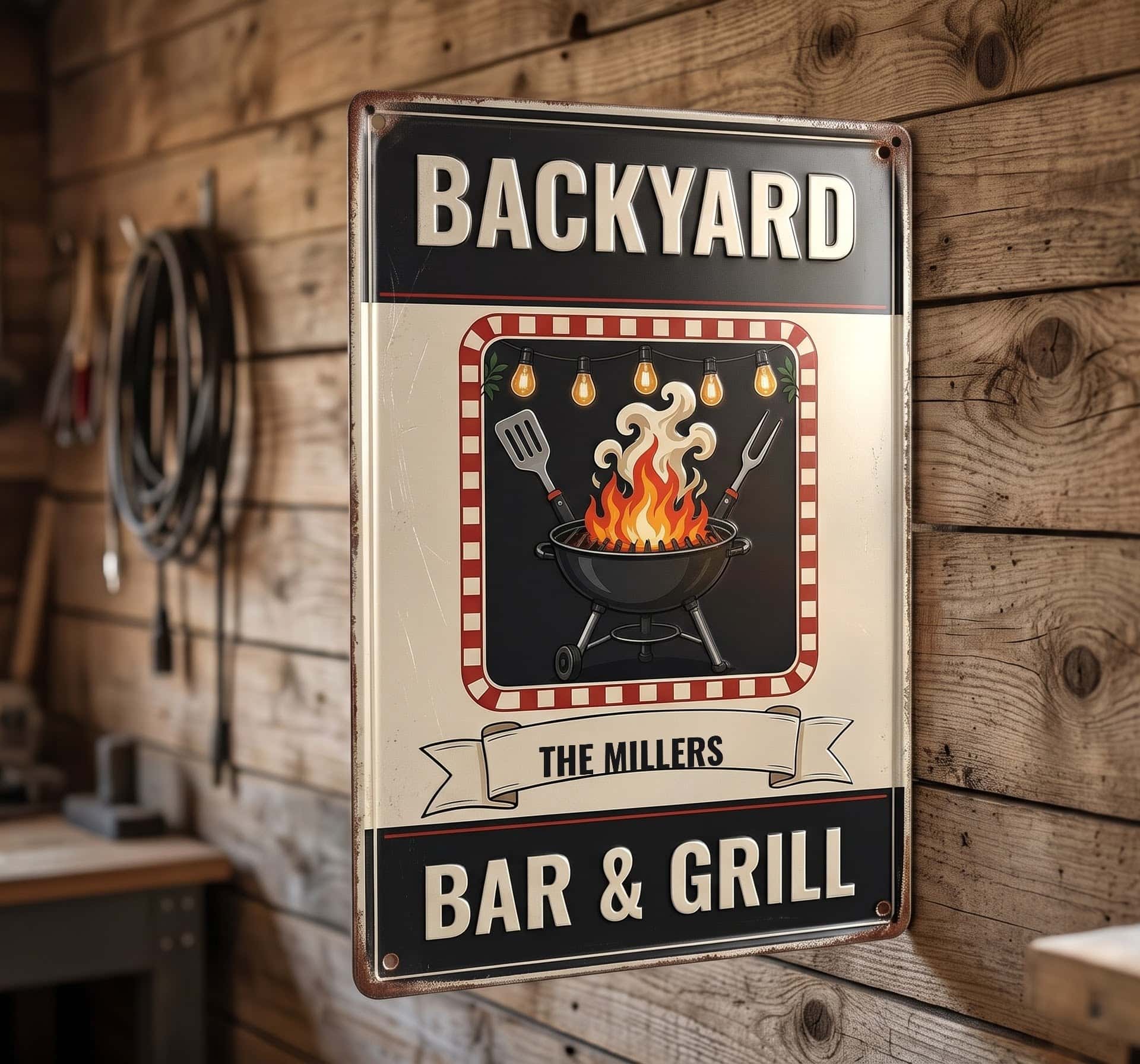 Bar and grill sign personalized with The Millers on a rustic wood wall