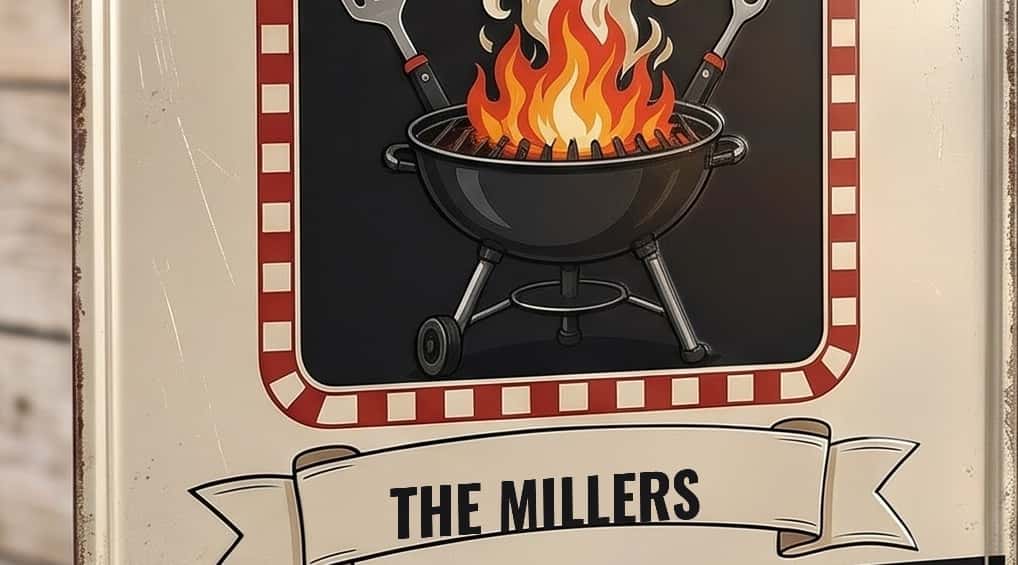 Close-up of the grill artwork and The Millers name banner