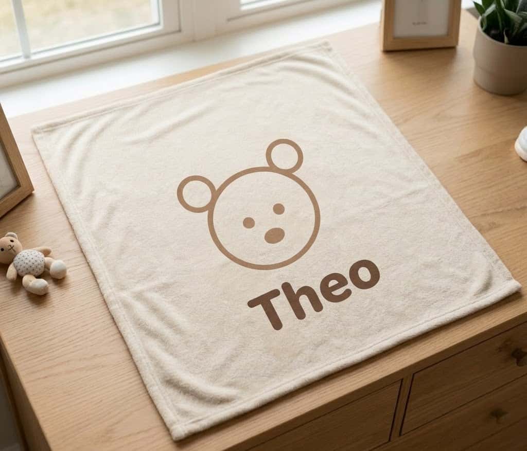 Angled view of Theo bear name blanket lying on a wooden dresser top