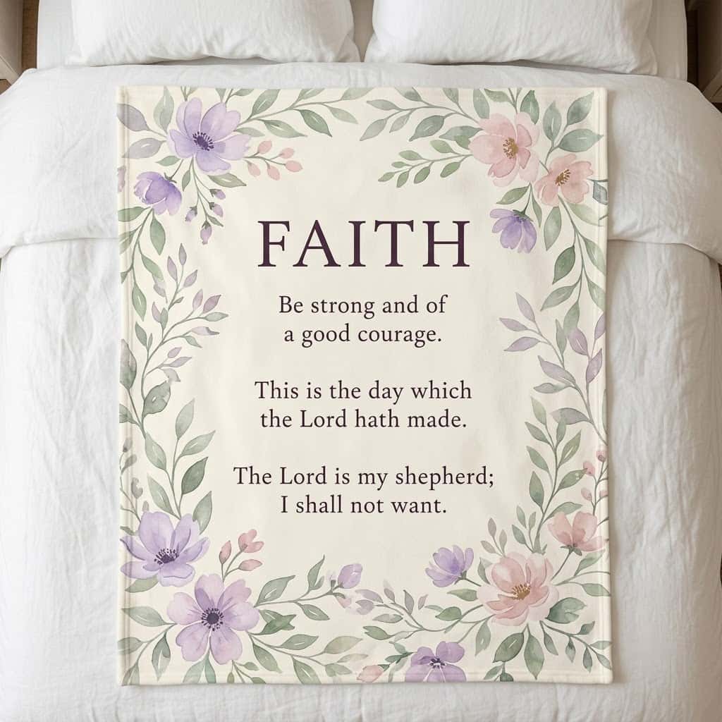 Bible verse blanket with large FAITH word and lavender watercolor florals on a bed