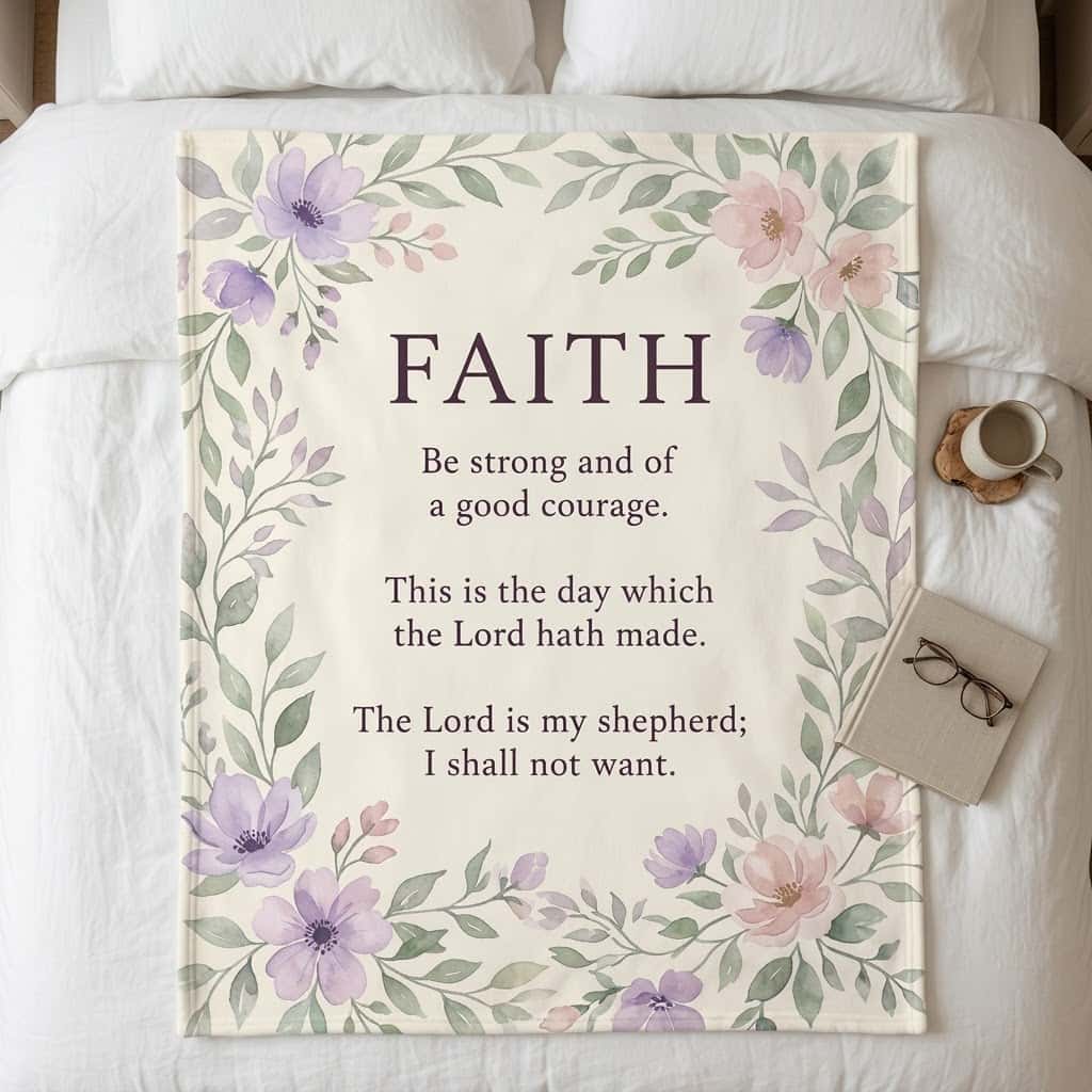 Floral scripture flannel blanket on a bed with coffee and a notebook