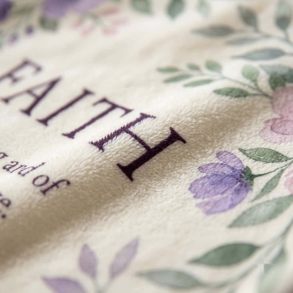 Close-up of FAITH lettering and watercolor flowers on cream flannel