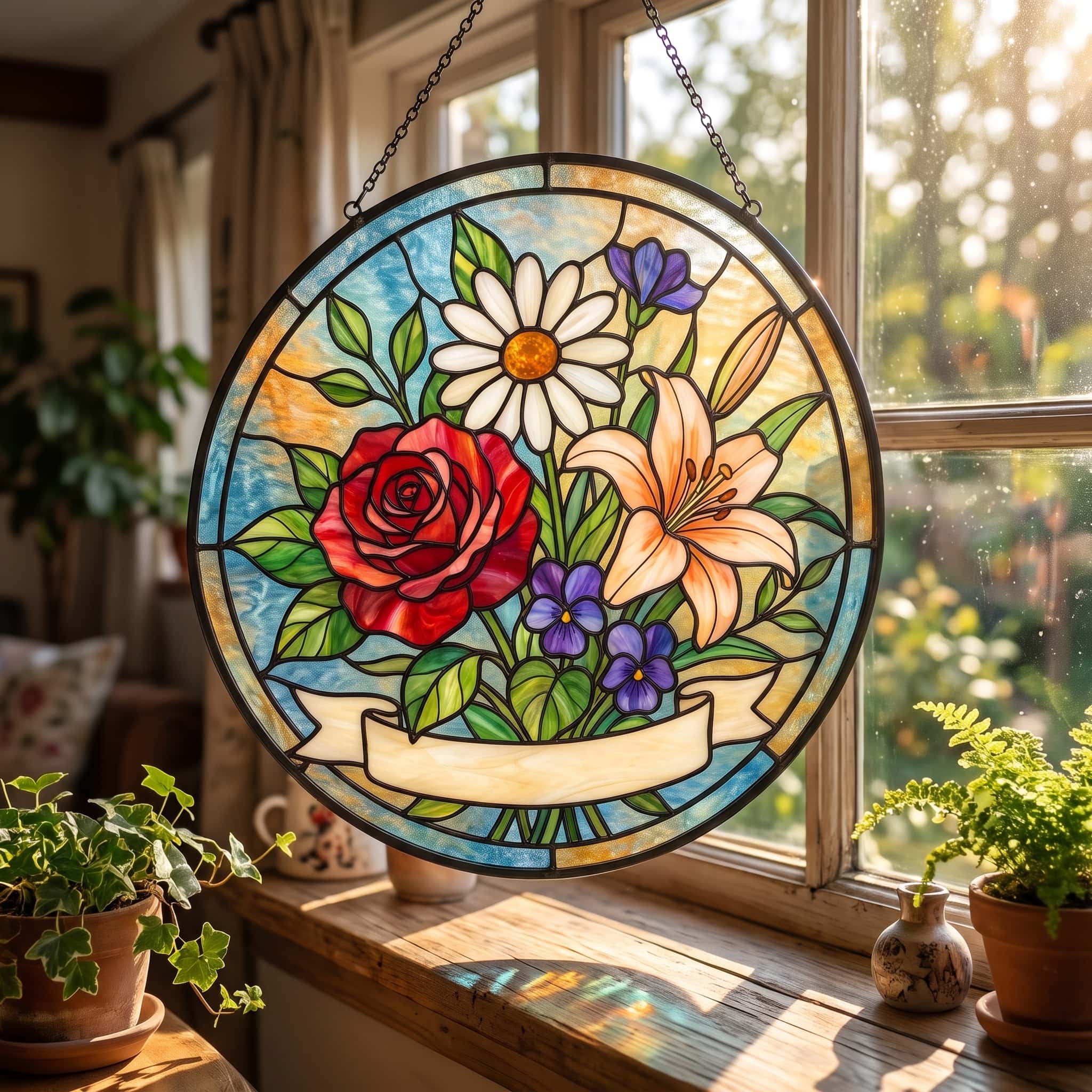 Birth flower suncatcher with personalized name hanging in a sunny window