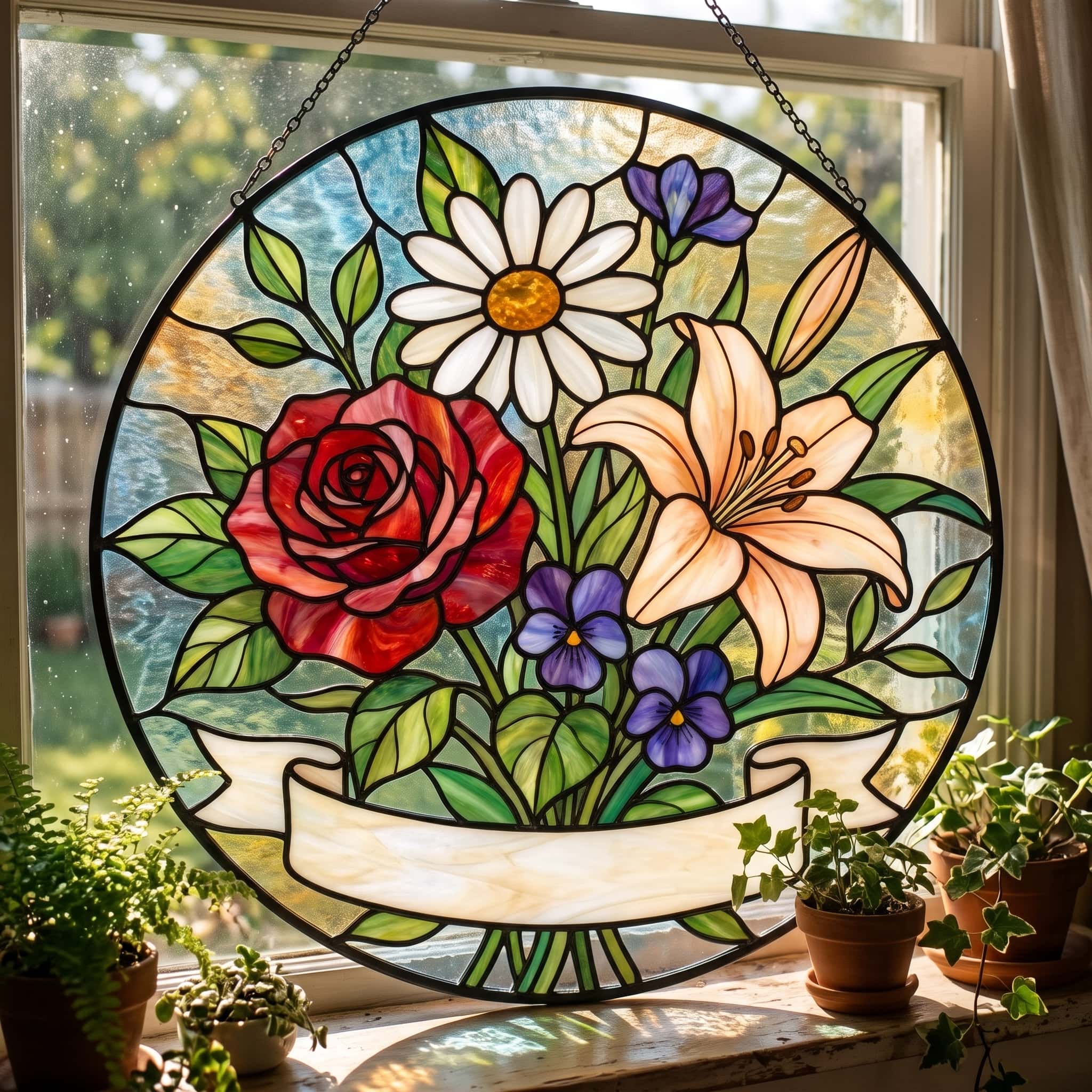 Stained glass birth month flower suncatcher glowing in window light