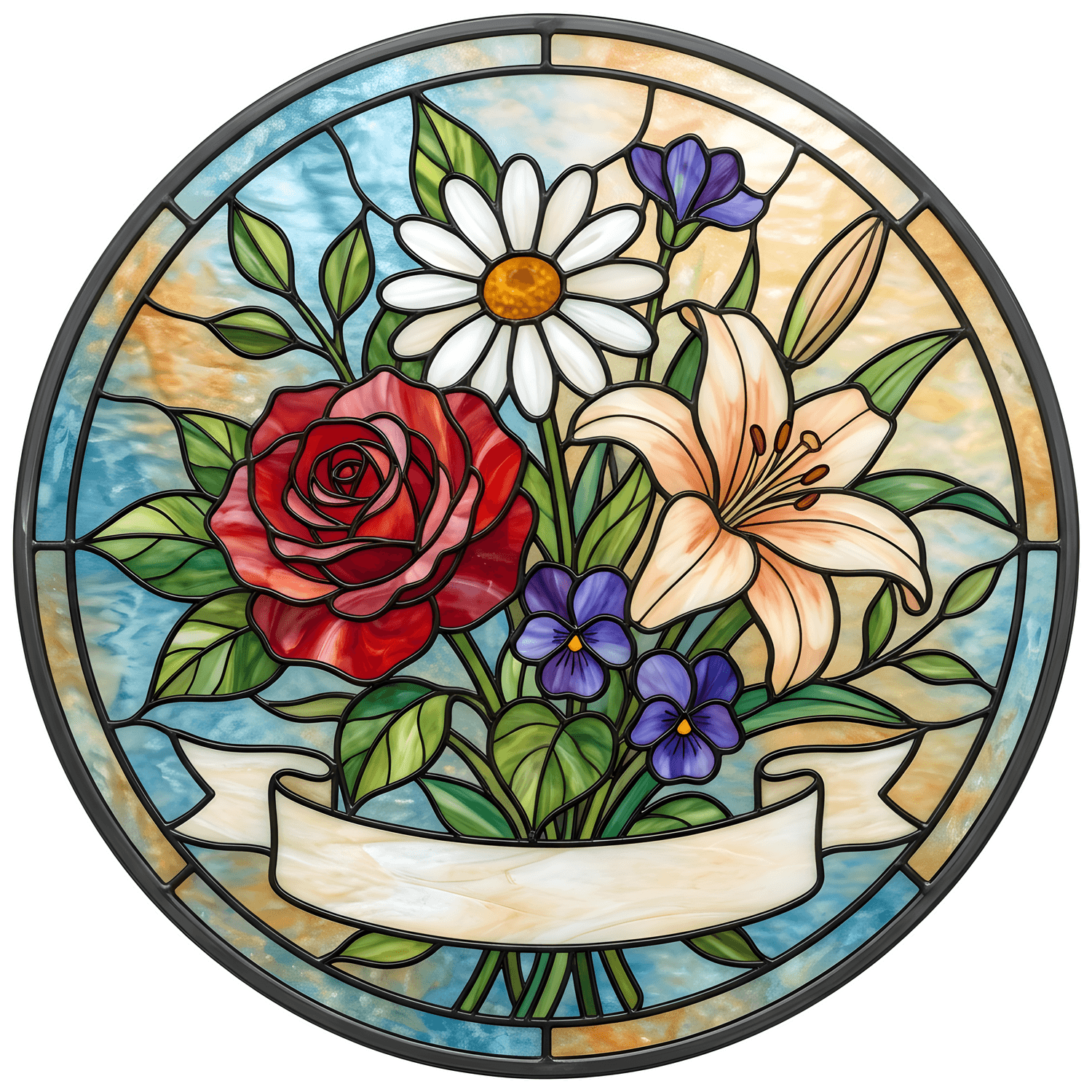 Birth flower suncatcher design with rose, daisy, lily and violets bouquet