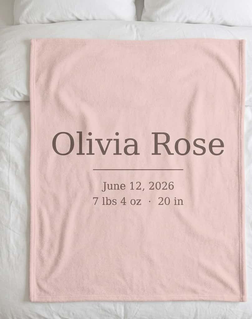Birth stats blanket with Olivia Rose name and birth details on blush