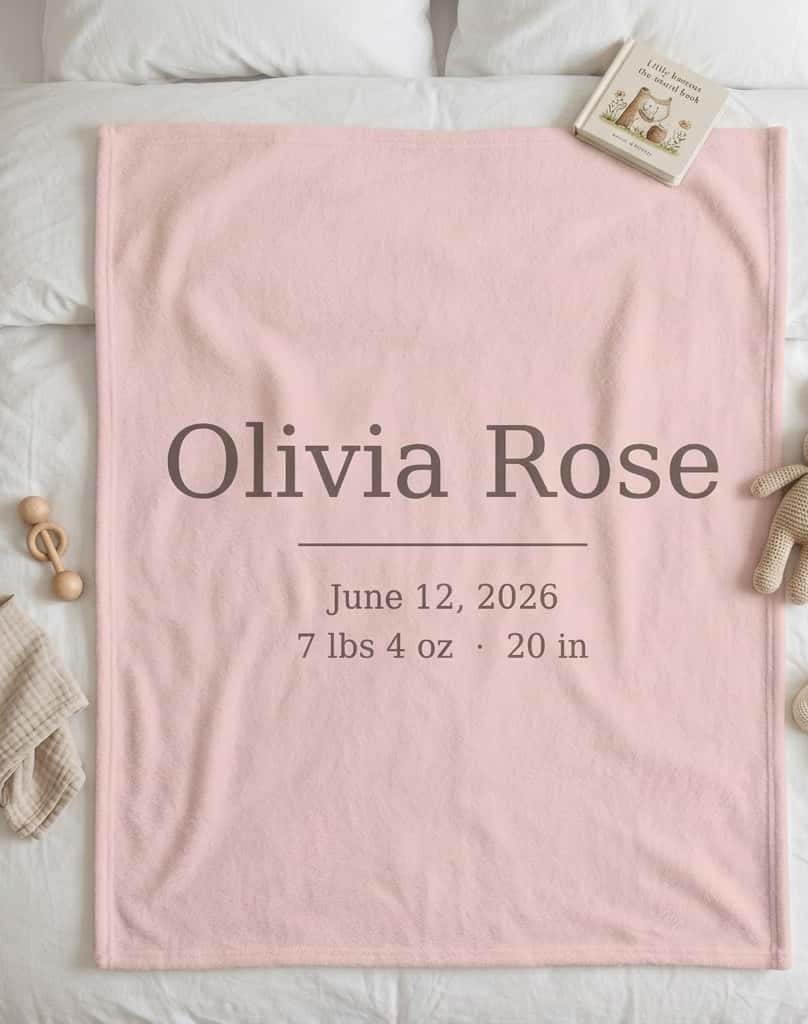 Blush Olivia Rose birth date flannel blanket on a bed with baby toys