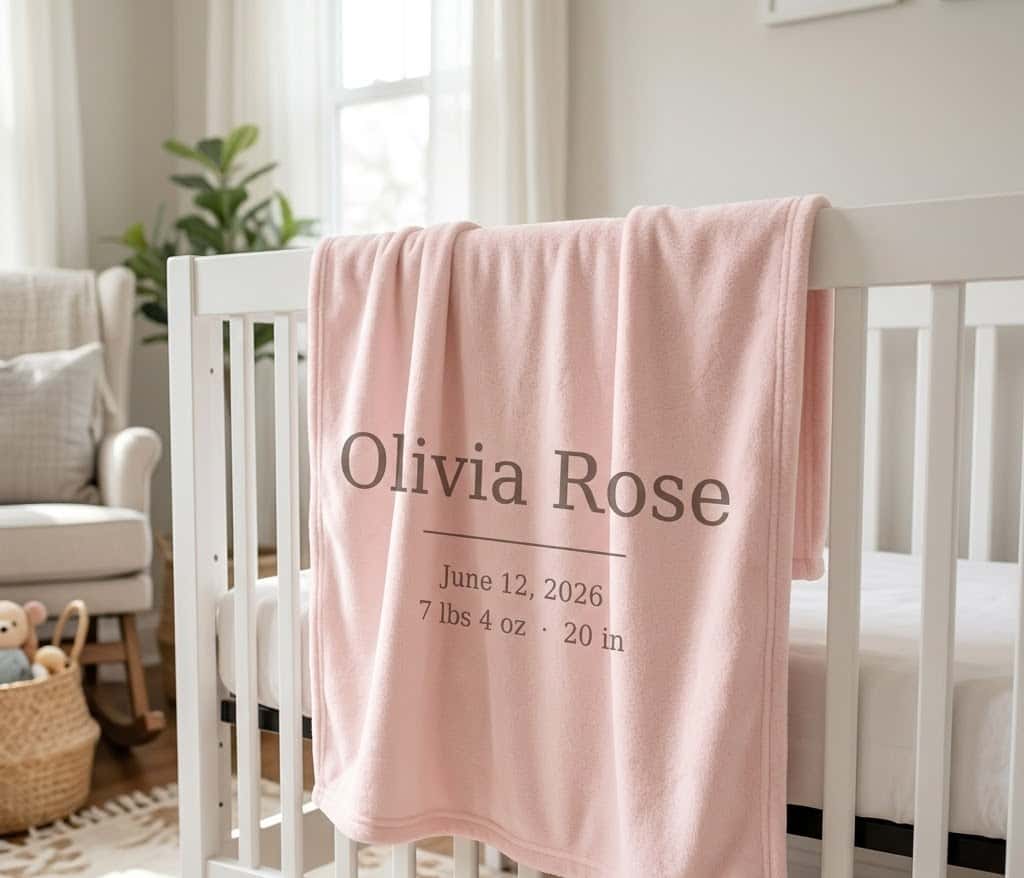 Baby birth stats throw draped over a white crib in a nursery