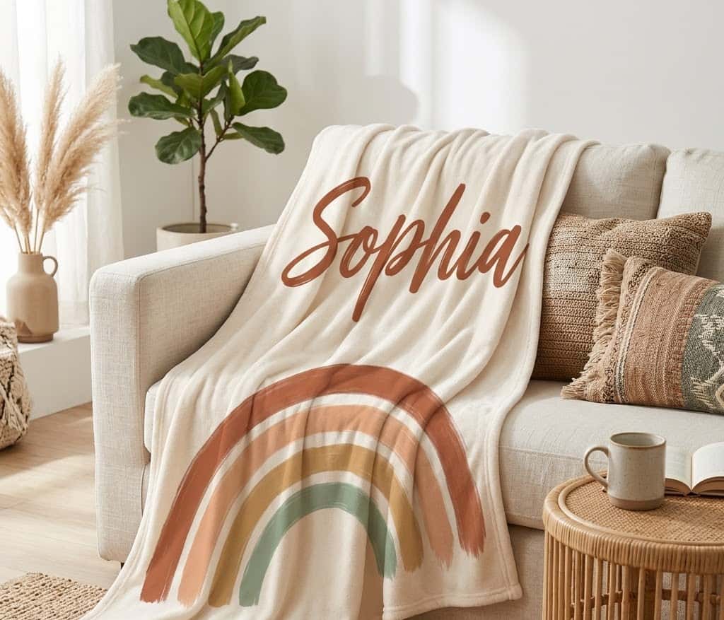 Sophia rainbow flannel throw draped over a cream sofa in a boho living room
