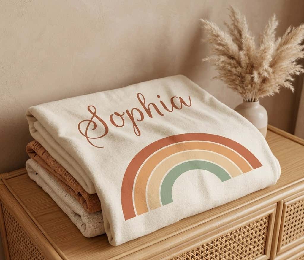 Folded Sophia boho rainbow blanket on a rattan dresser with pampas grass