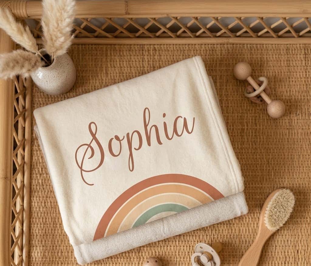 Folded Sophia rainbow blanket from above on a rattan dresser with baby toys