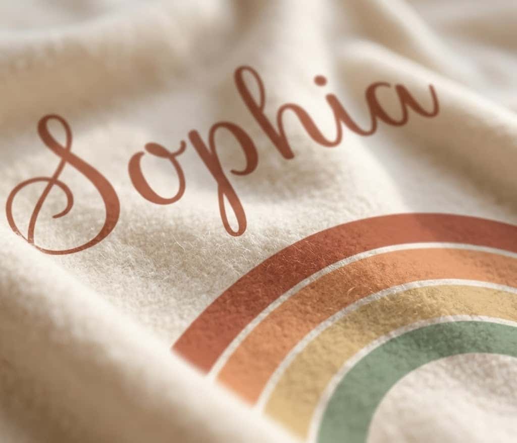 Close-up of Sophia script and soft rainbow stripes on cream flannel