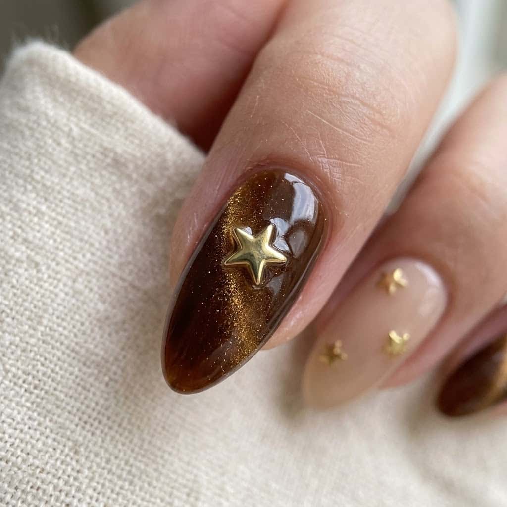 Close-up of the hero brown cat eye nail with 3D detail