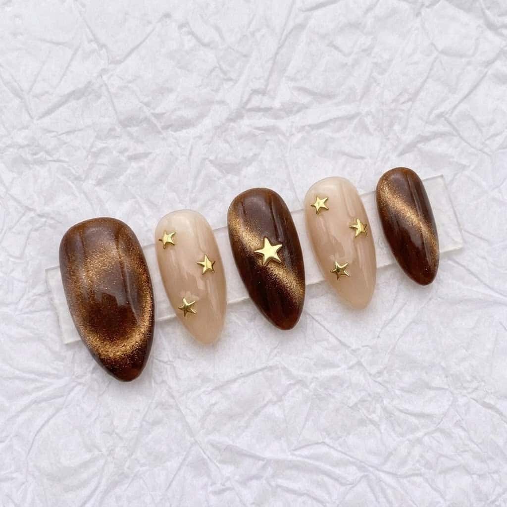 Five brown cat eye nails on a clear acrylic stand