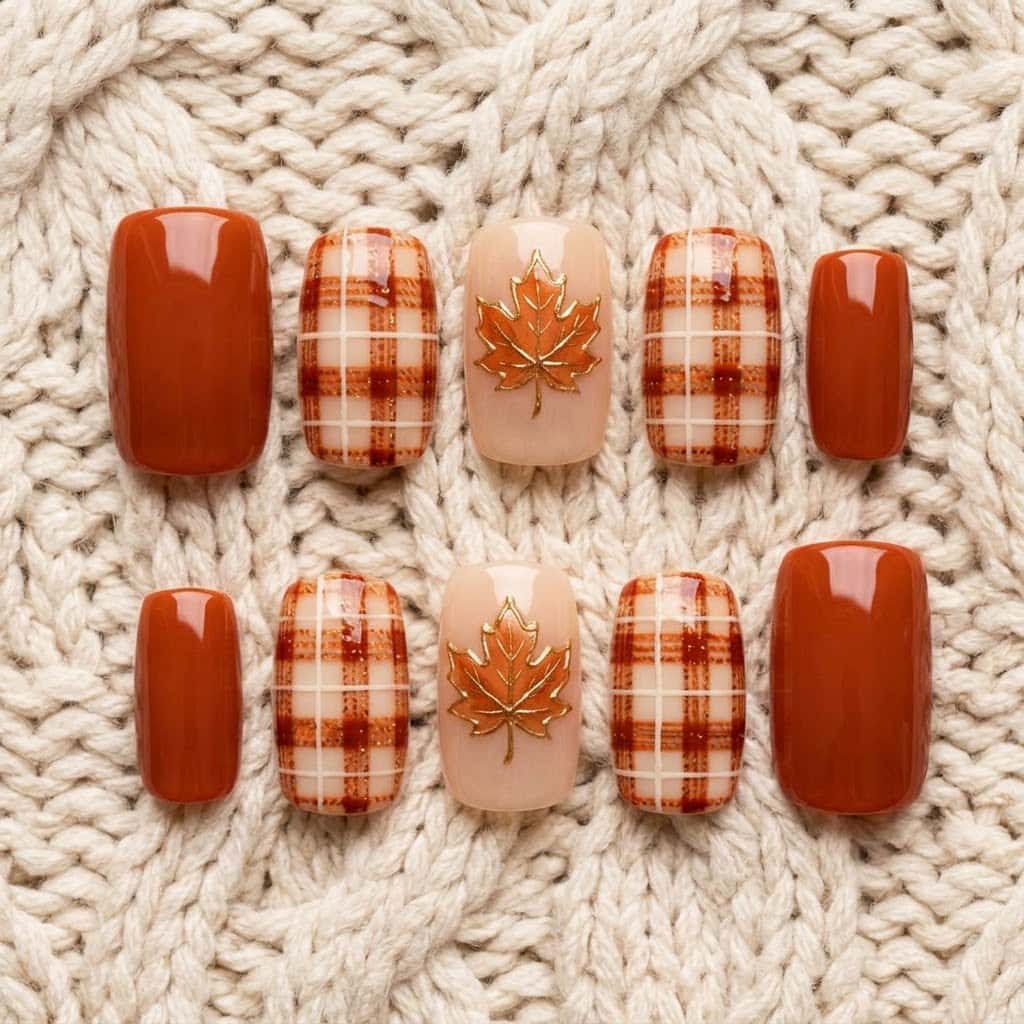 Burnt orange nails, square set of 10 in two mirrored rows