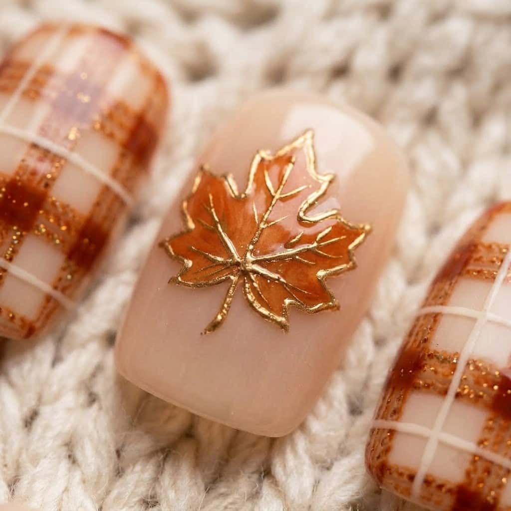 Close-up of the 3D hero nail from these burnt orange nails