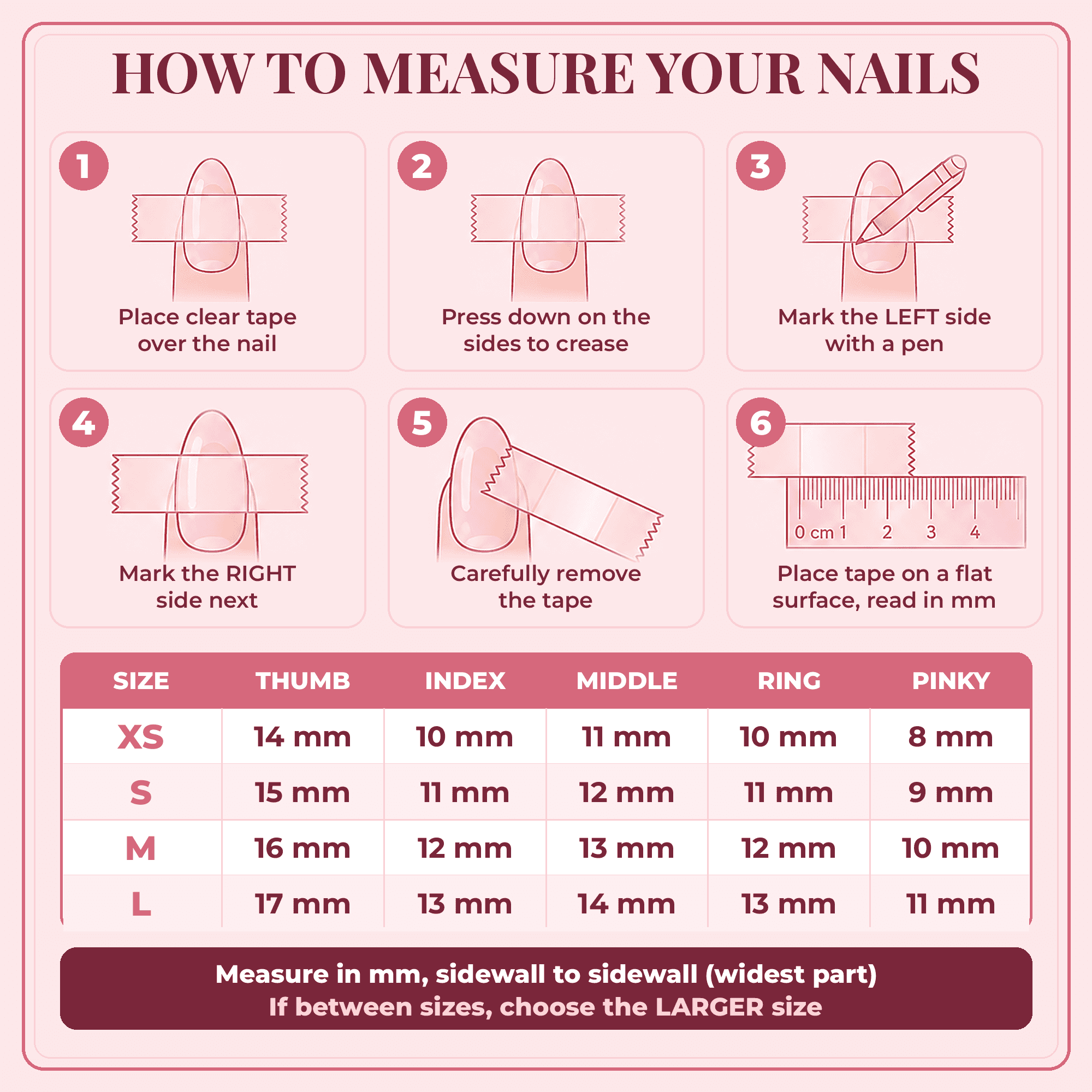 Pink size chart showing how to measure each nail width in mm