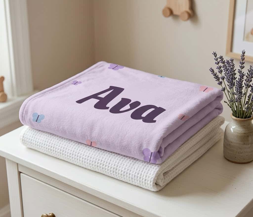 Folded lavender Ava butterfly blanket on a white dresser beside lavender sprigs