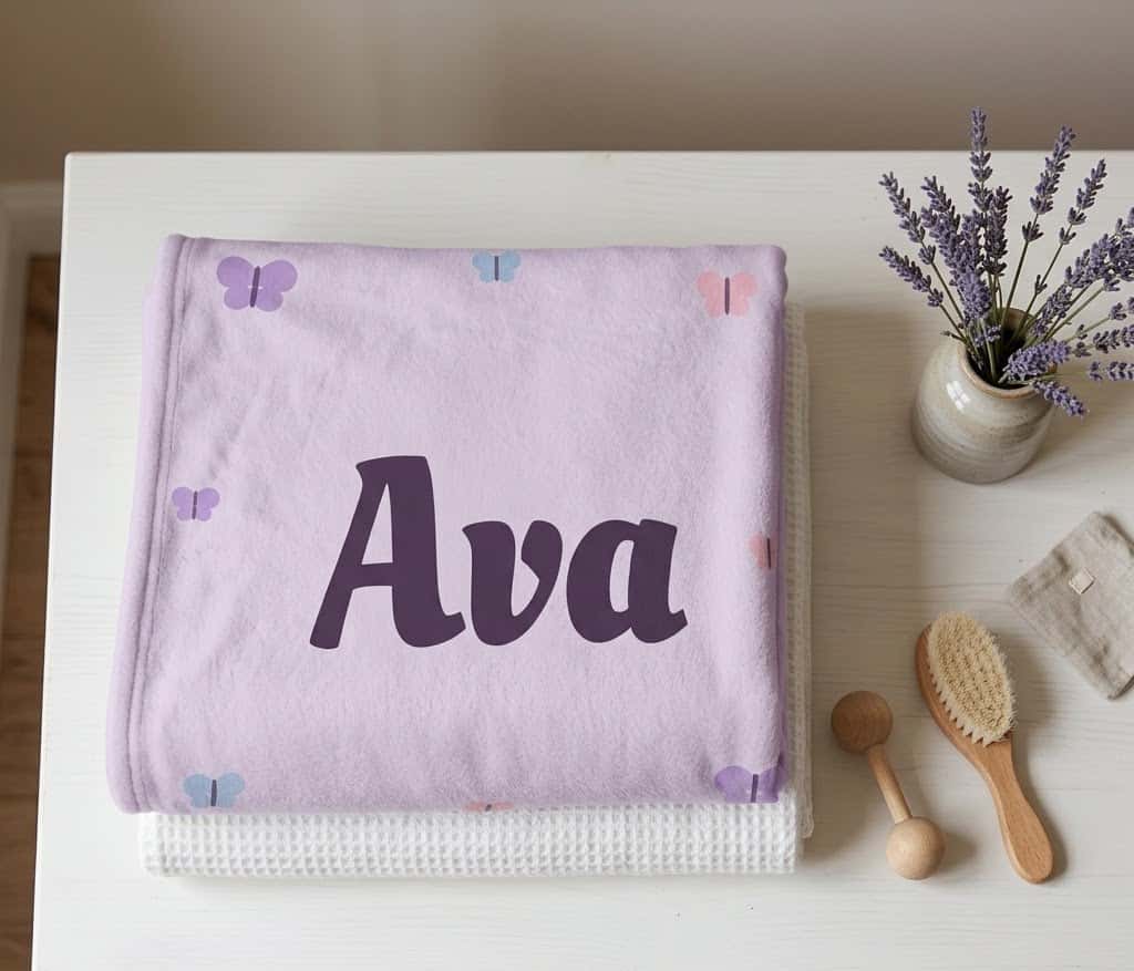 Folded Ava butterfly blanket seen from above on a white dresser with baby brush