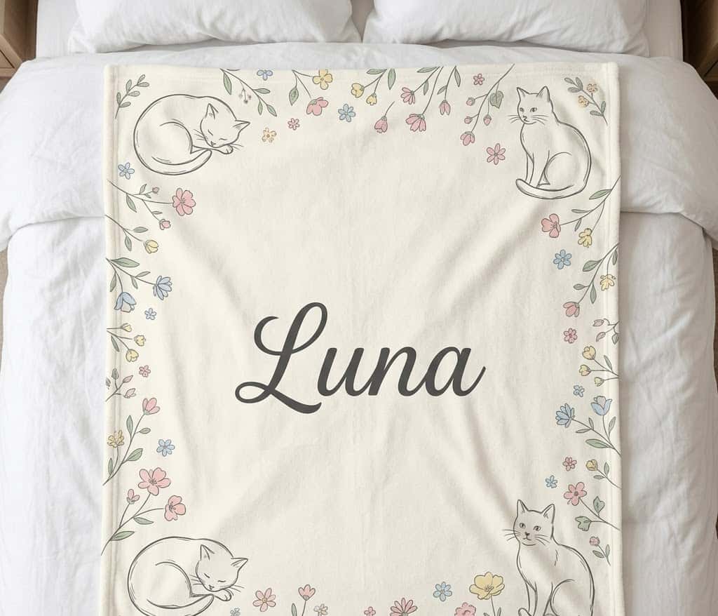 Cat name blanket with Luna and line-art cats, flat on a bed