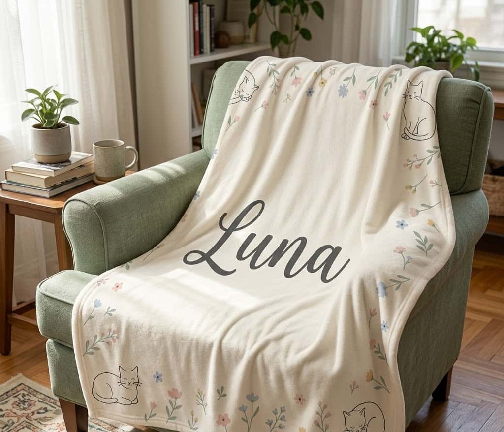 Luna cat name blanket draped on a sage armchair, angled view
