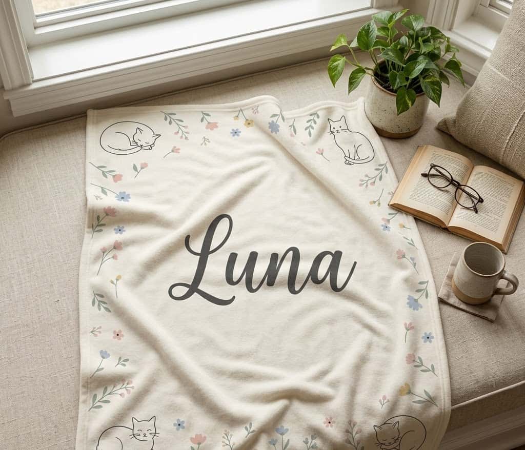 Folded Luna cat name blanket on a cushioned window seat