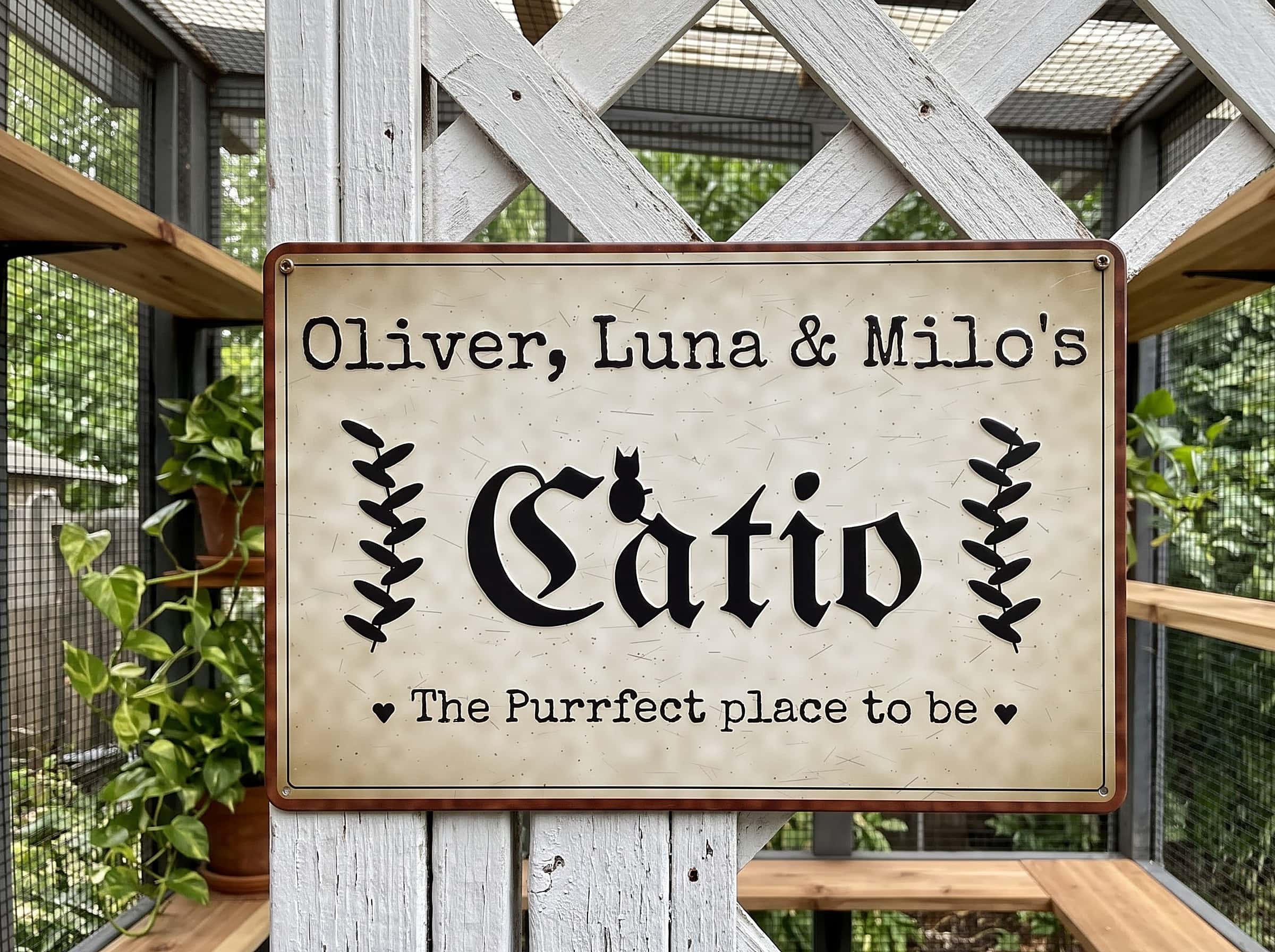 Personalized catio sign with cat names hanging inside an outdoor cat enclosure