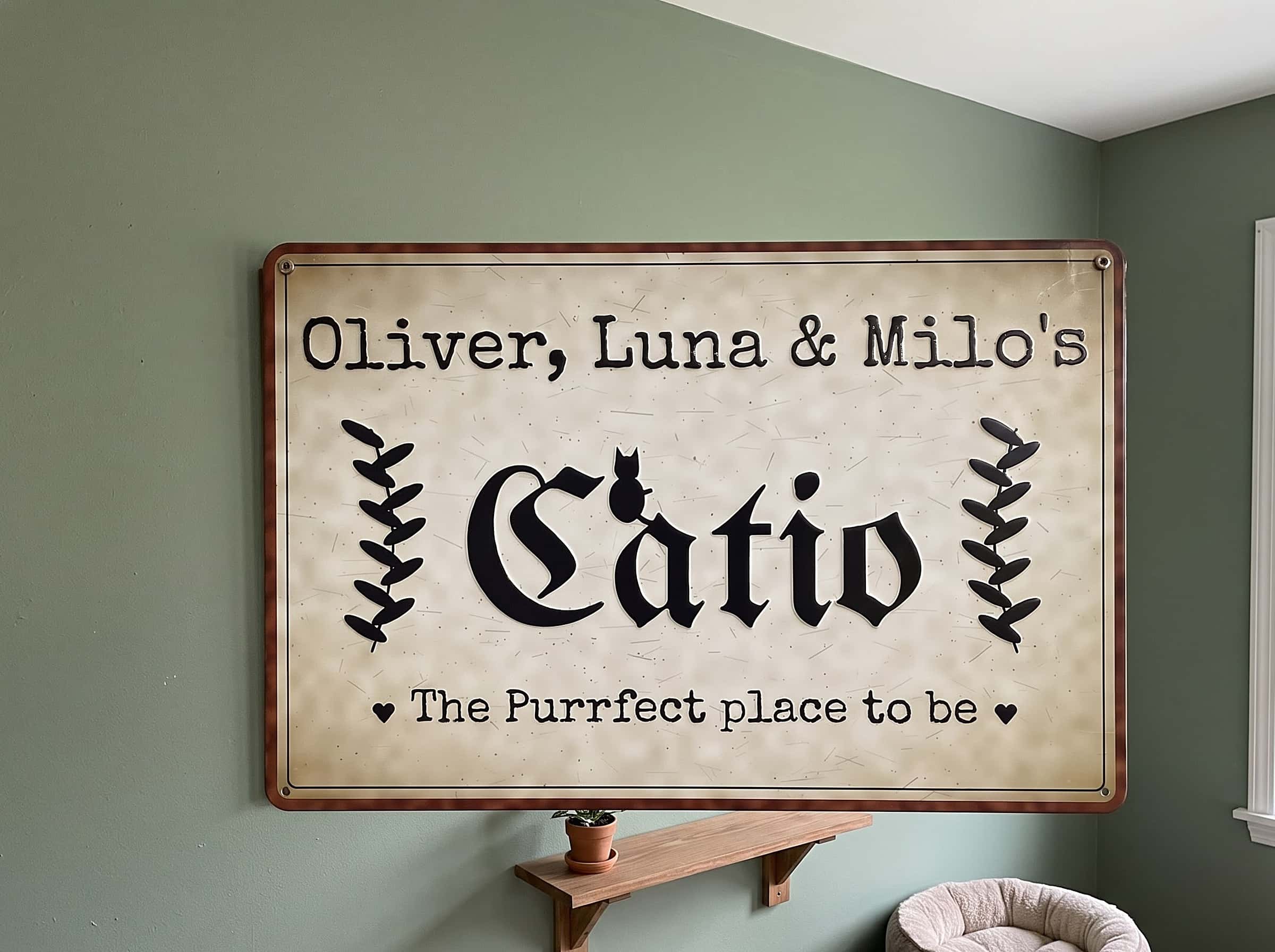 Vintage Catio metal sign above a cat bed on a sage green wall
