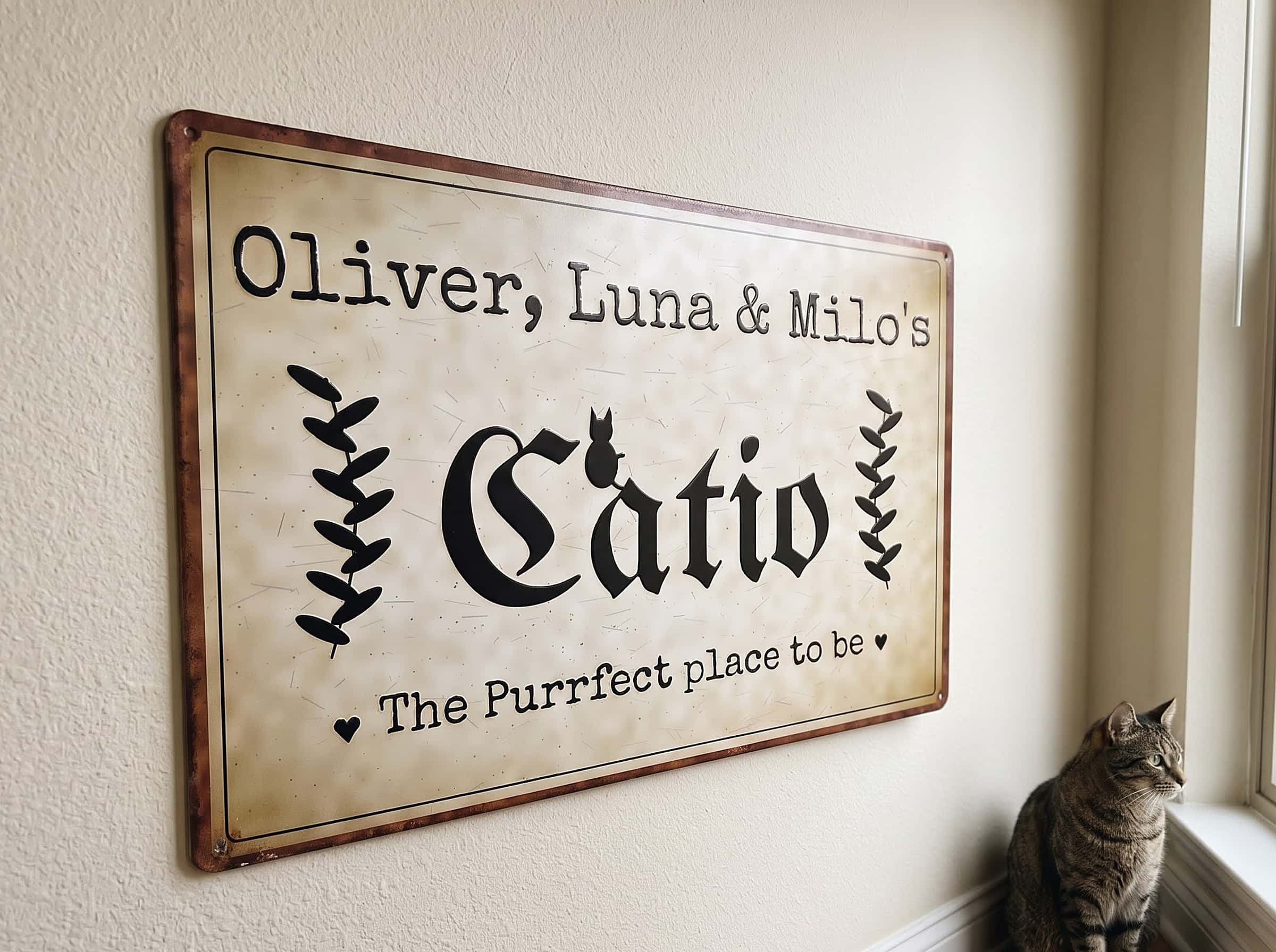 Catio sign with Oliver, Luna and Milo names in a hallway with a tabby cat