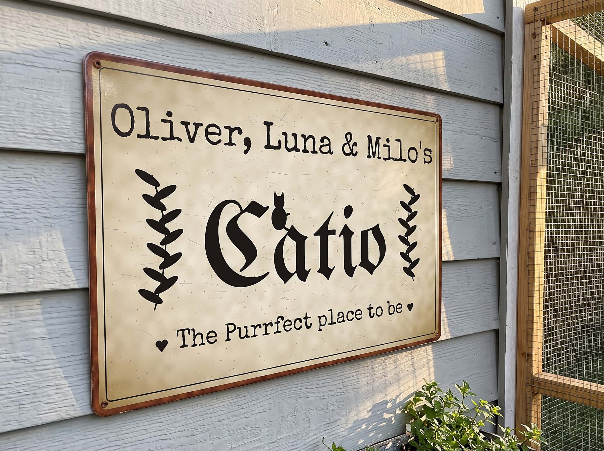 8x12 catio metal sign on gray siding beside a backyard cat enclosure