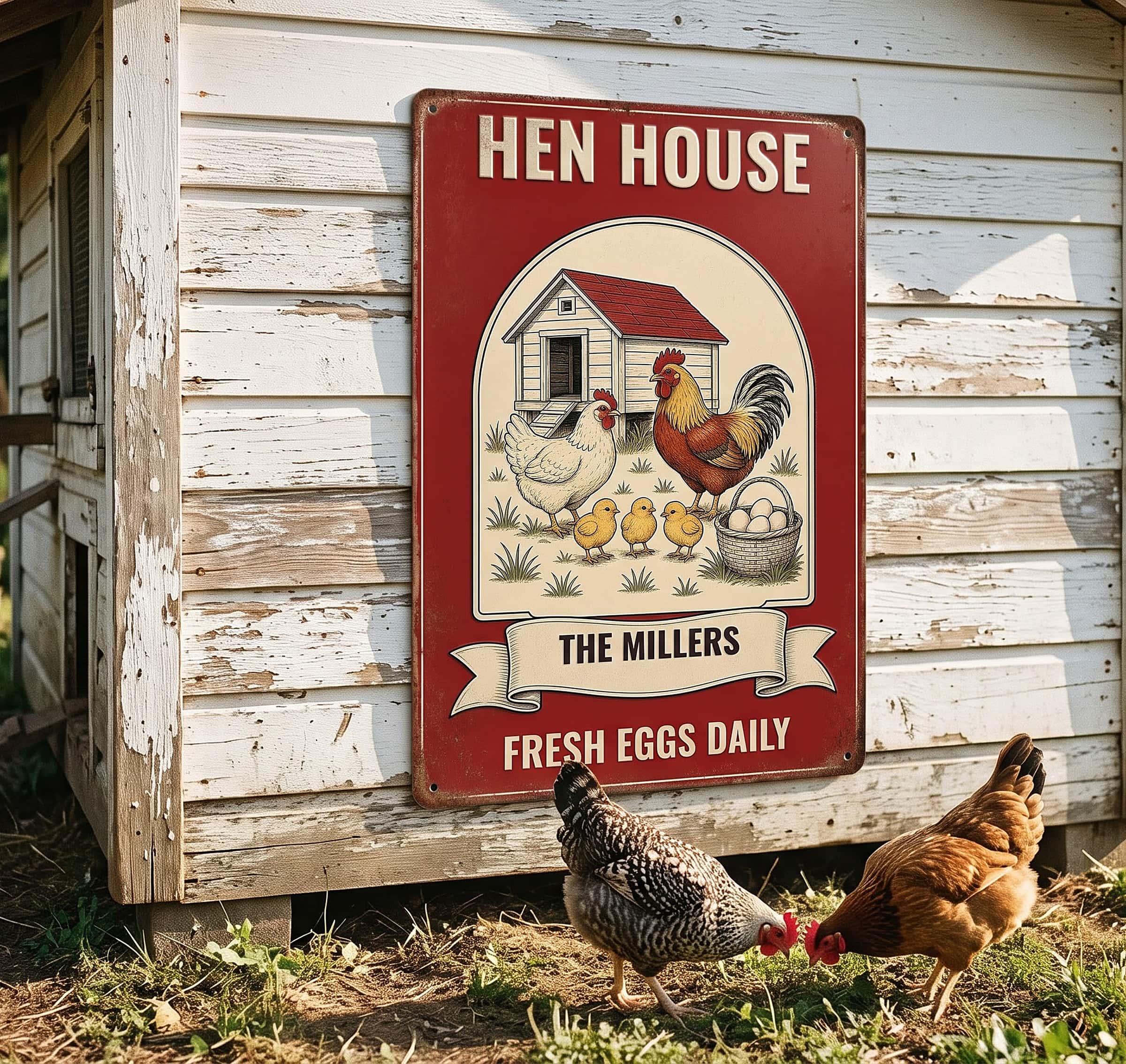 Hen house sign with The Millers name on a backyard chicken coop