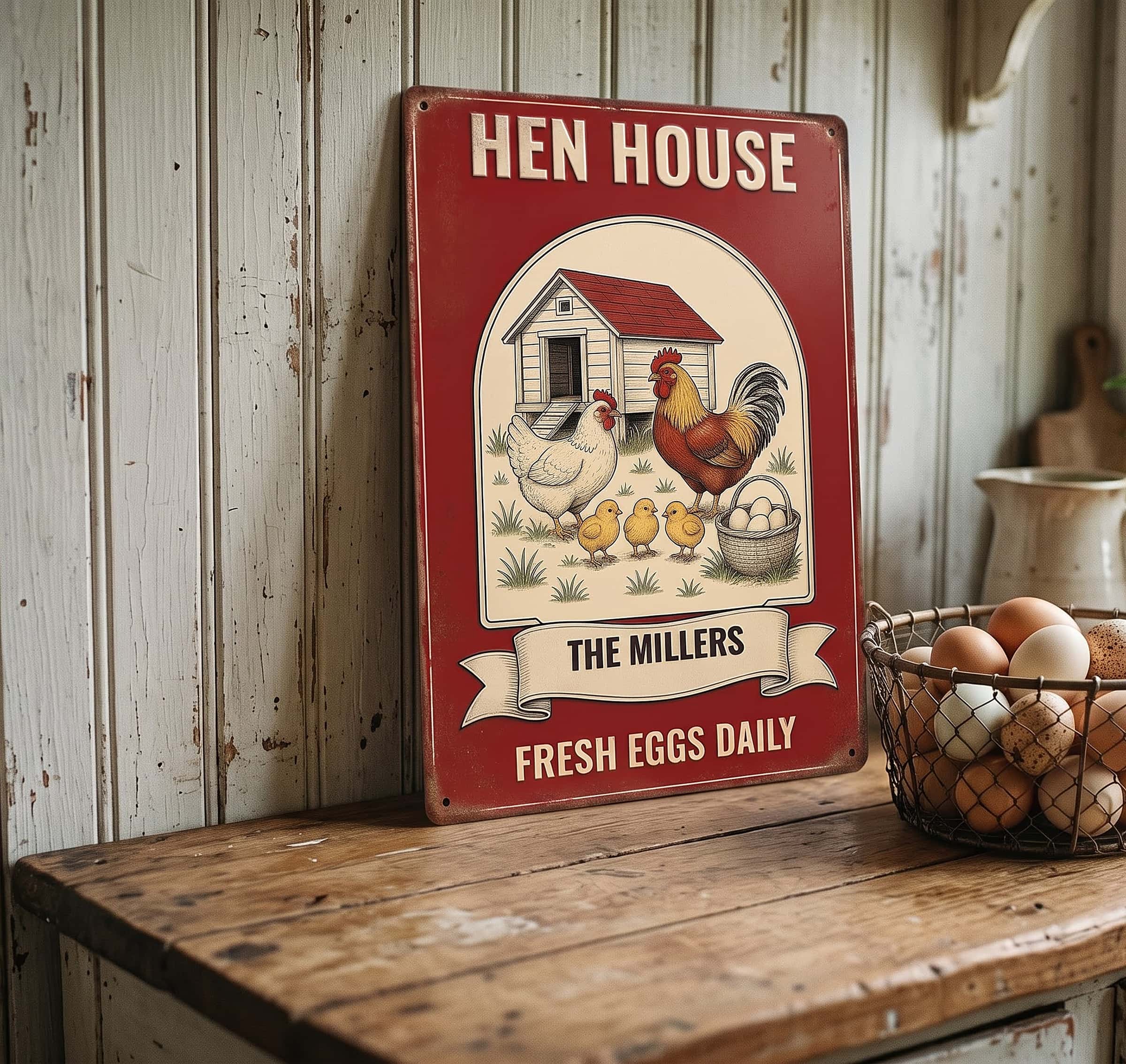 Personalized chicken coop sign leaning on a farmhouse counter beside eggs