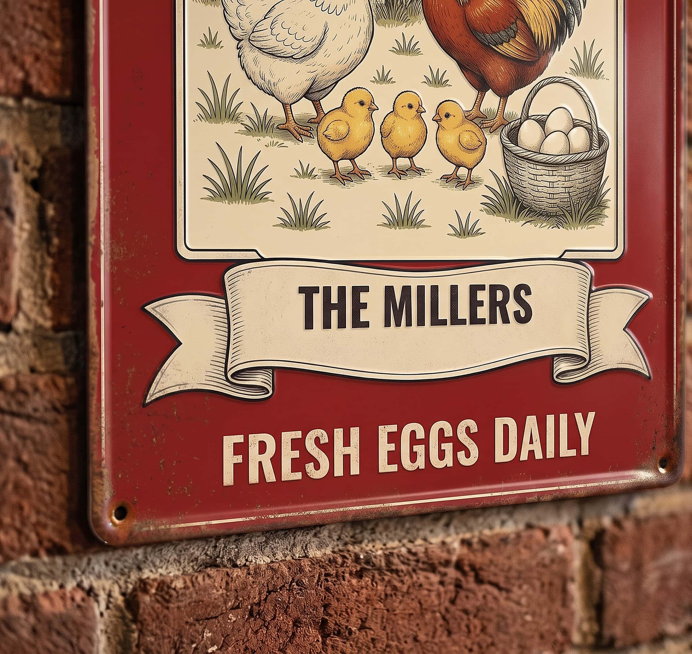 Close-up of The Millers name banner and Fresh Eggs Daily text