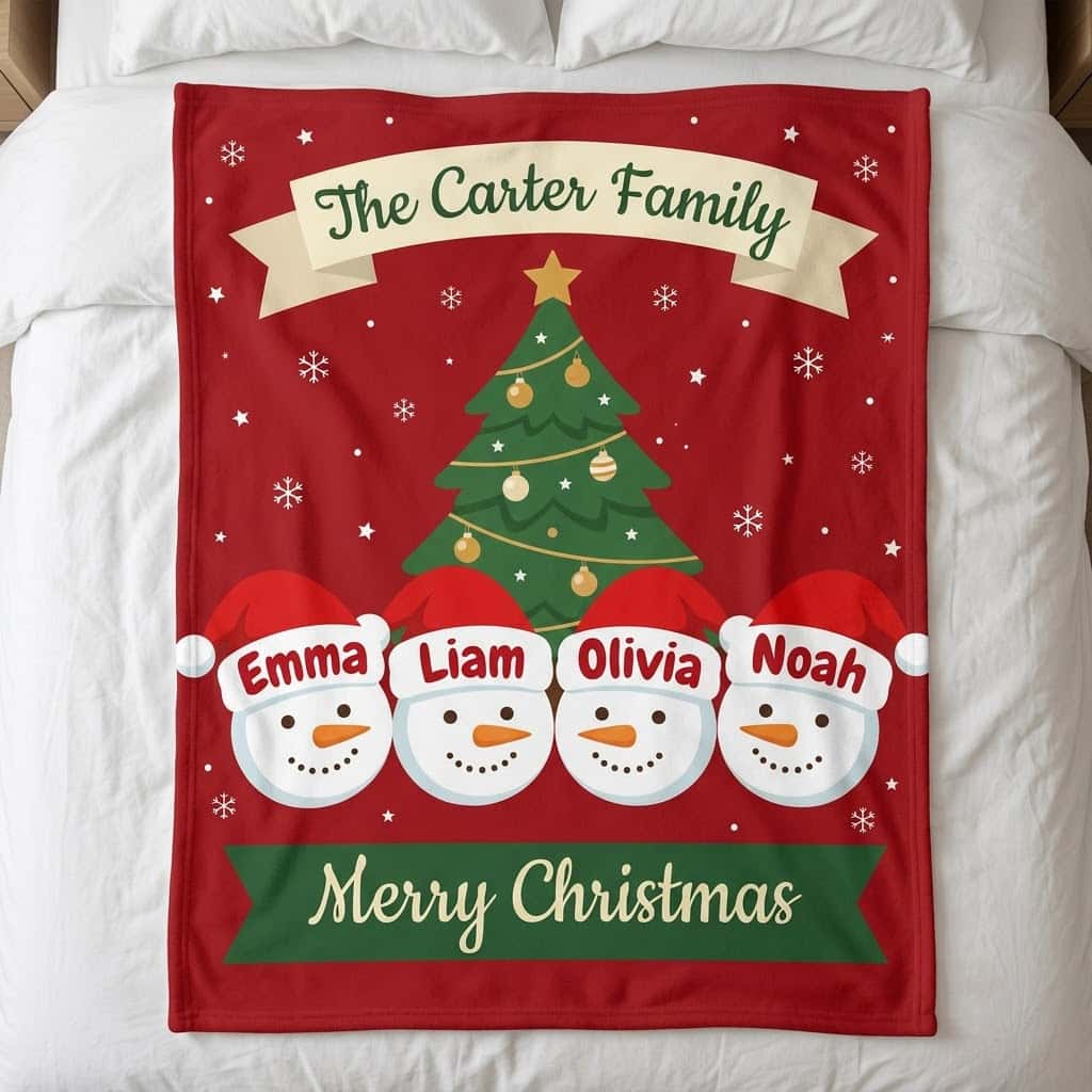 Christmas family name blanket with tree and four snowmen names, flat on a bed