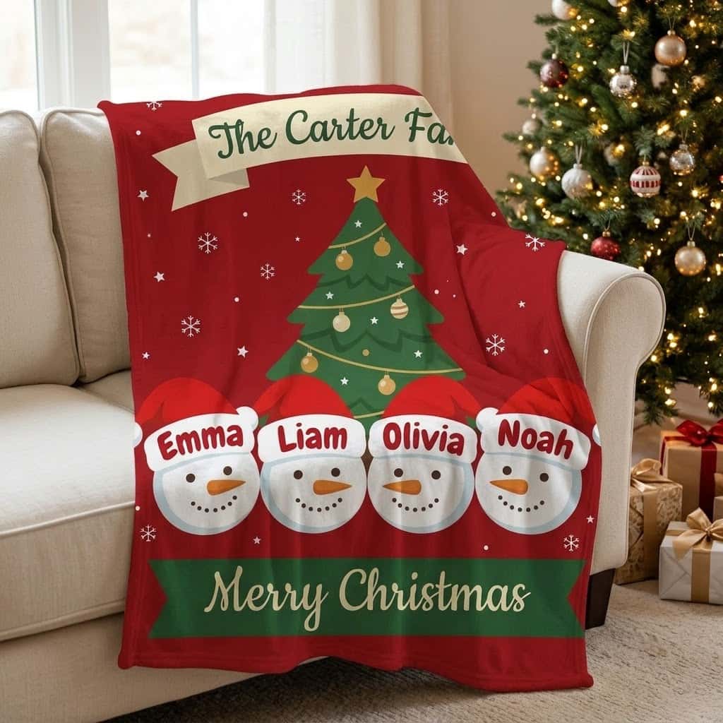 Christmas family name blanket draped on a cream sofa by the tree, angled view