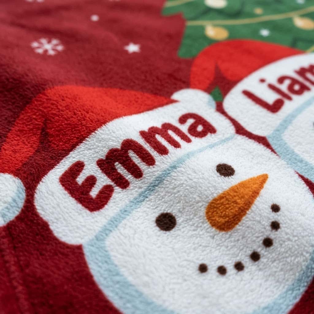 Detail of the Emma name on a snowman Santa hat printed on red flannel
