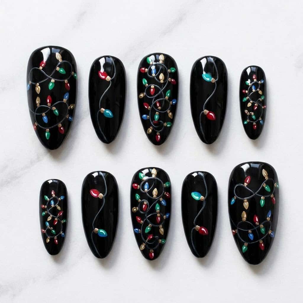 Christmas lights nails, ten black almond nails in two mirrored rows