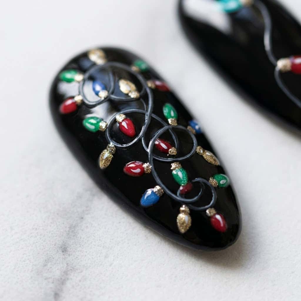 Close-up of red green and gold light bulbs on a black nail