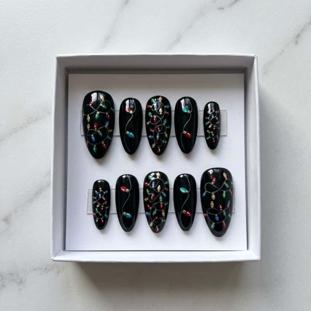 Christmas lights press on nails set in a white gift box
