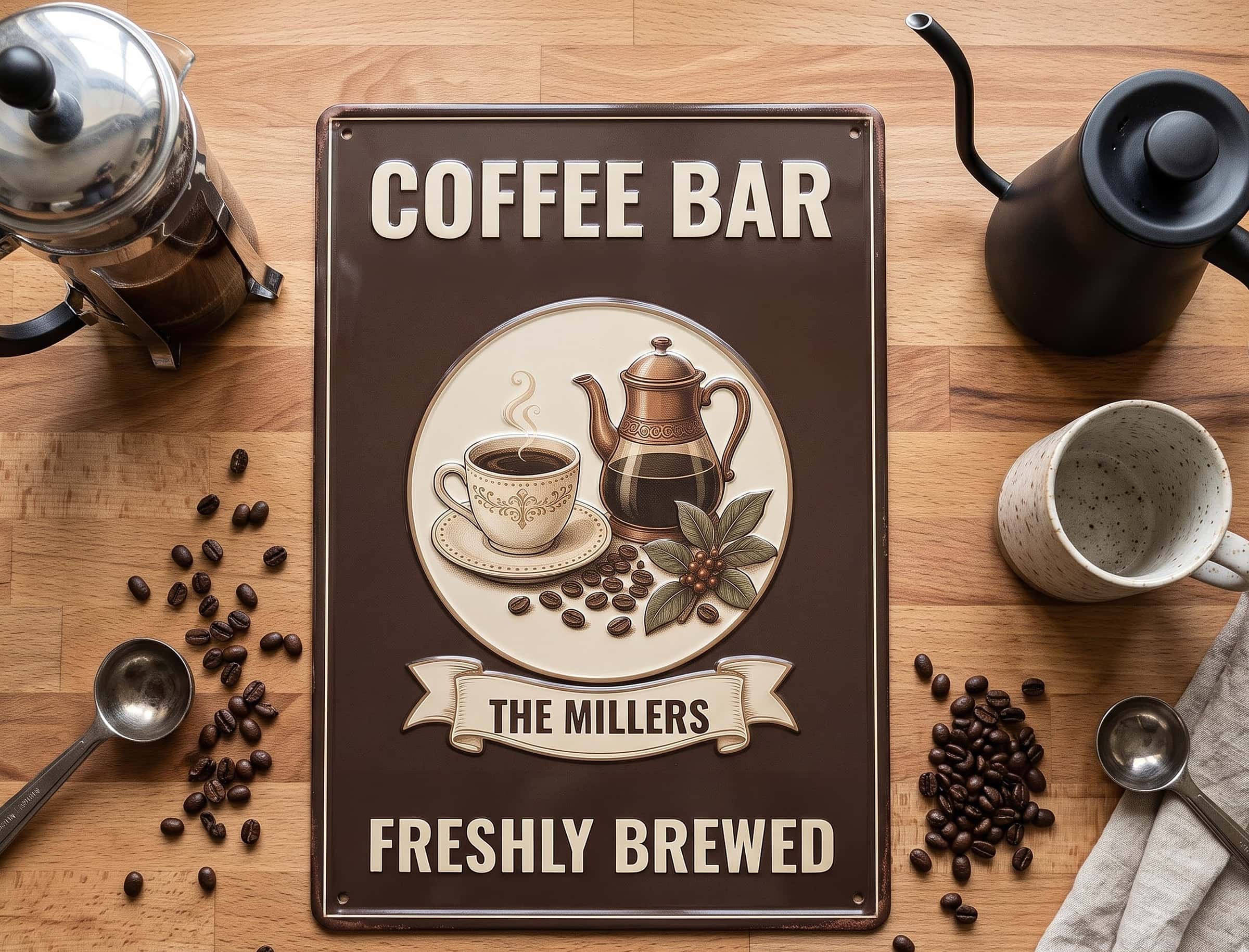 Coffee name sign lying flat with a French press, mug and beans