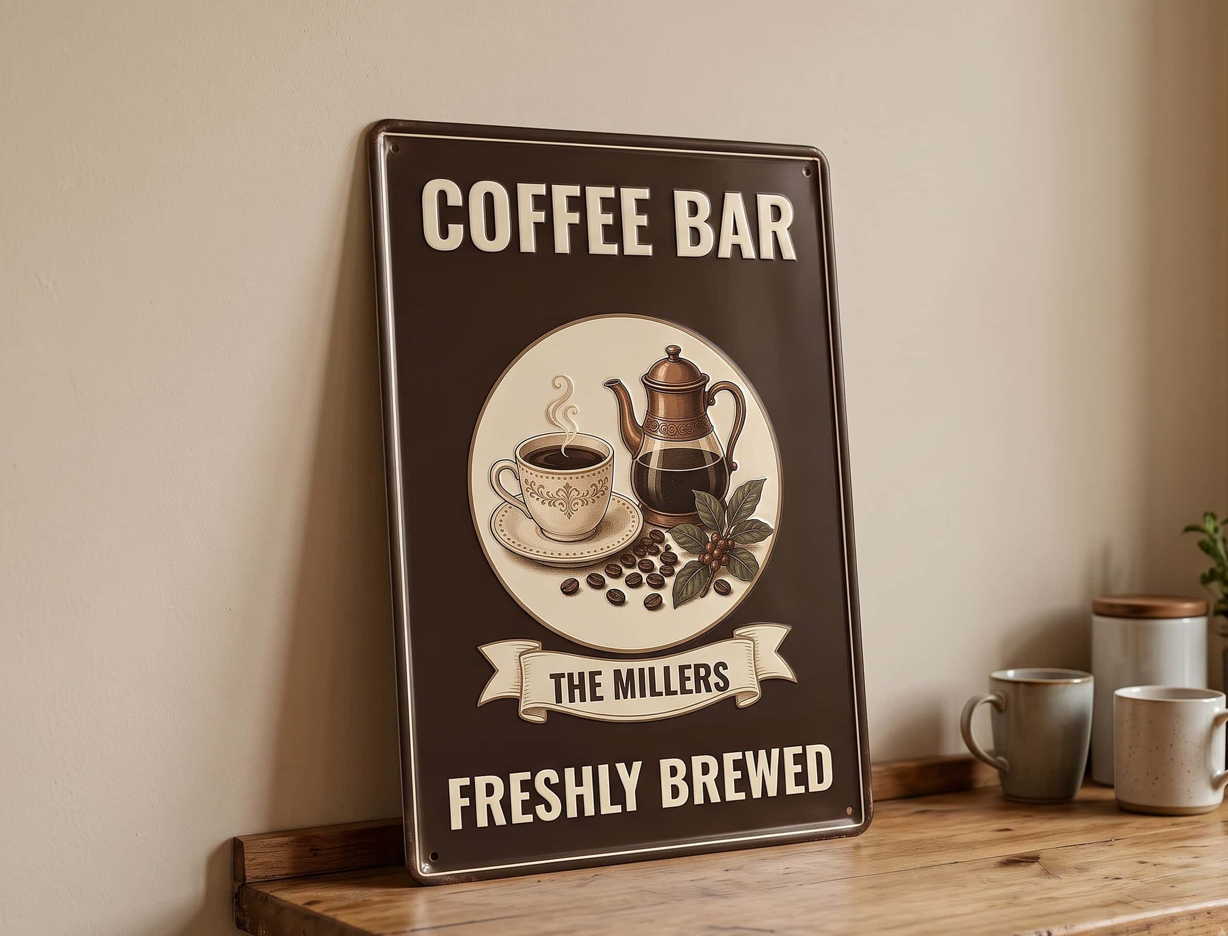 Coffee bar name sign leaning on a wooden counter beside mugs