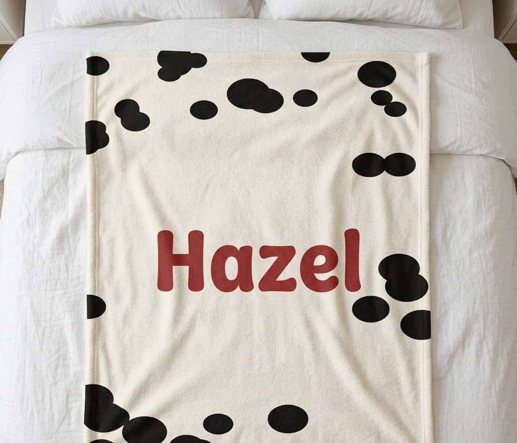 Cow print name blanket with Hazel in barn-red letters, flat on a bed