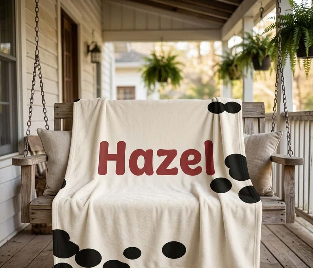 Hazel cow print name blanket draped over a wooden porch swing
