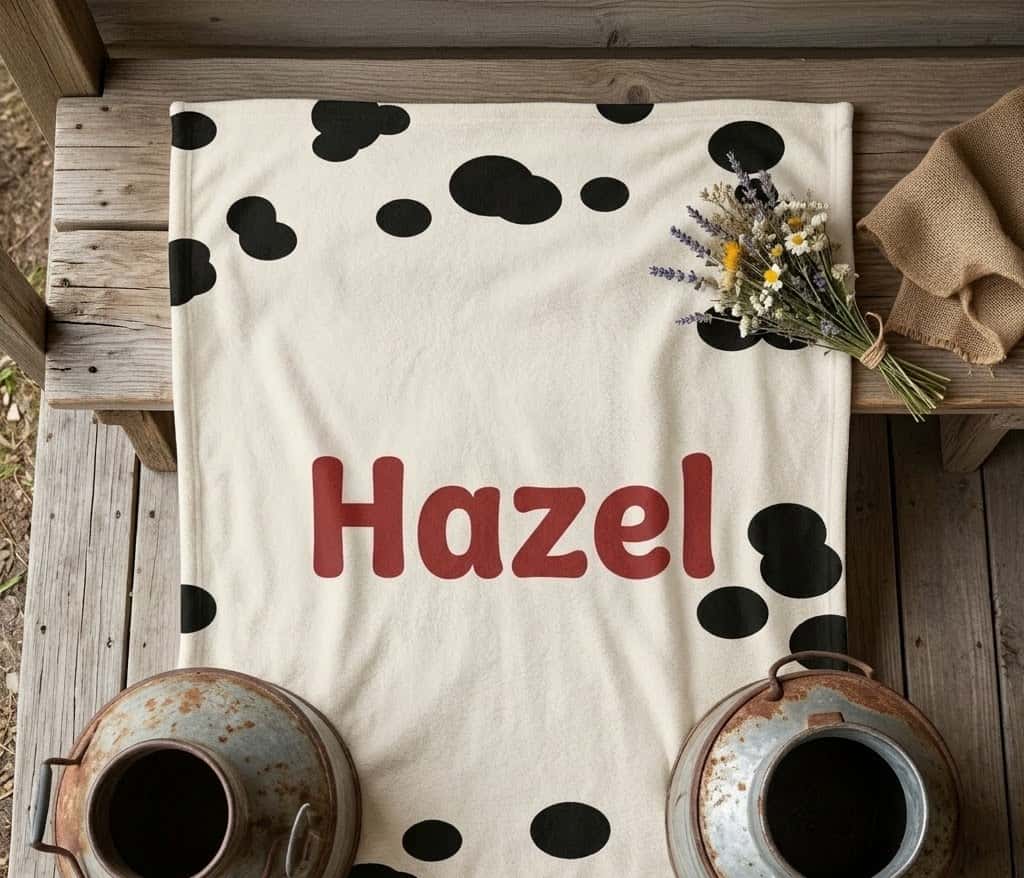 Folded Hazel cow print throw on a rustic bench beside a milk can