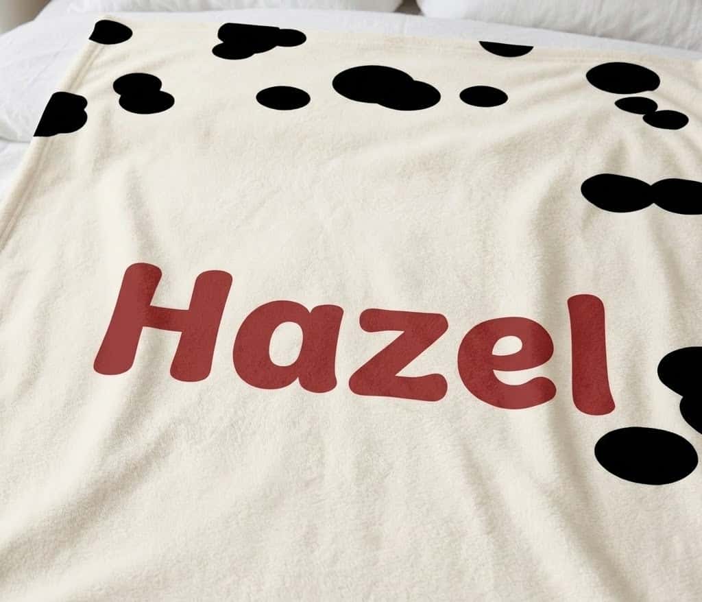 Barn-red Hazel name printed flat on cream flannel with cow spots