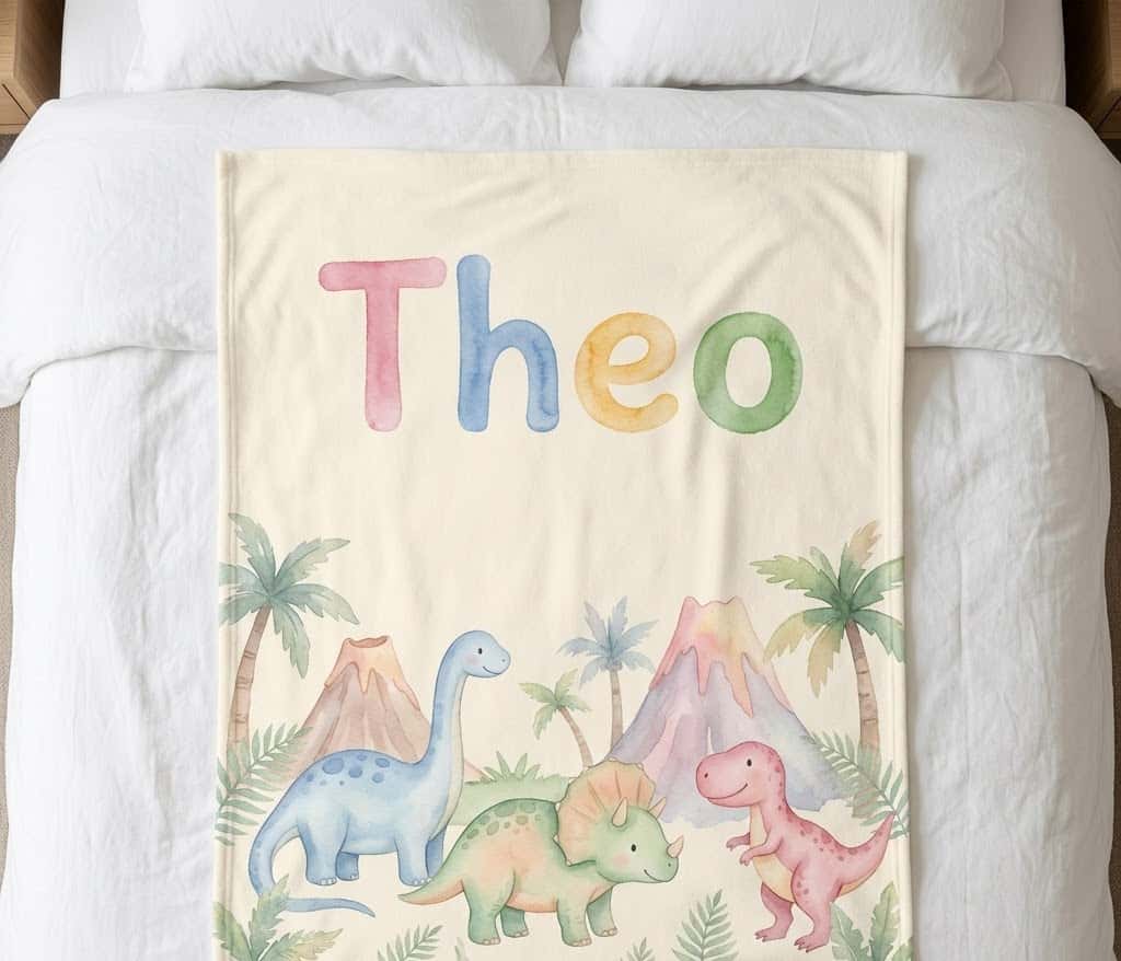Dinosaur name blanket with Theo in pastel letters, flat on a bed
